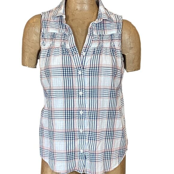 Old Ranch Cotton Plaid Smock Accent Sleeveless Button-Down Top Sz S #278G - Picture 2 of 9
